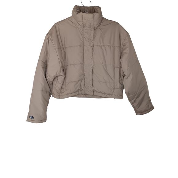 The Fifth Label Women’s Cropped Puffer Jacket Small Beige Taupe Zip Snap Closure - Picture 2 of 14